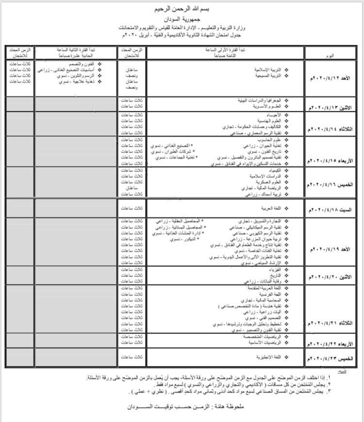 التربية تعلن جدول امتحانات الشهادة السودانية والمناهج تعتمد دليلاًَ جديداً للثانوي والاساس.. تاق برس ينشر جدول الامتحانات