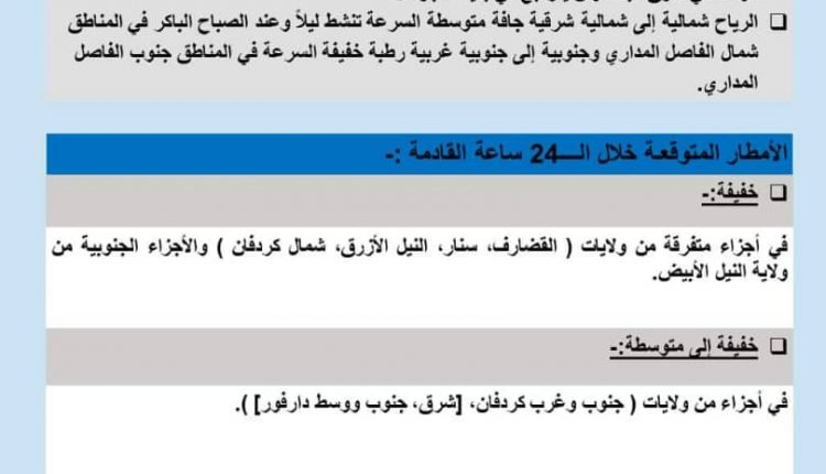 السودان: هيئة الأرصاد تتوقع هطول أمطار في تسع ولايات