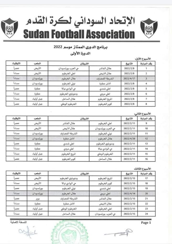 إعلان جدول مباريات الدوري السوداني الممتاز