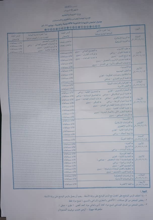 جدول إمتحانات الشهادة السودانية للعام 2022