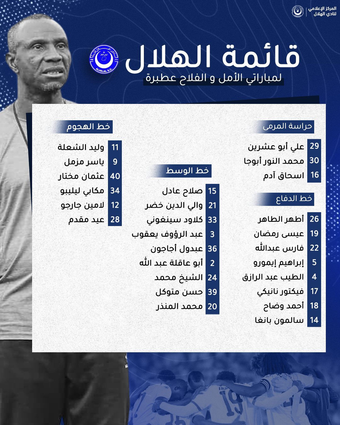 كشف قائمة تشكيلة الهلال في مبارياته أمام الامل والفلاح عطبرة