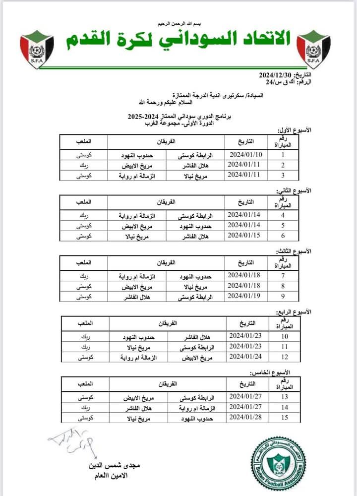 الإتحاد السوداني لكرة القدم يصدر برمجة مباريات الدوري الممتاز "تاق برس" ينشر القوائم