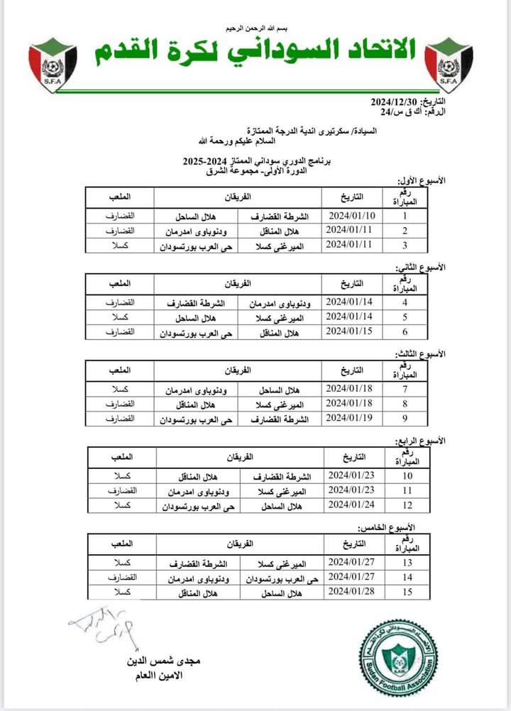 الإتحاد السوداني لكرة القدم يصدر برمجة مباريات الدوري الممتاز "تاق برس" ينشر القوائم
