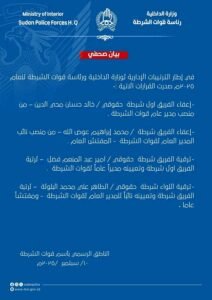 البرهان يصدر قرارا بإعفاء مدير عام الشرطة وعدد من القيادات ويعين خلفا لهم