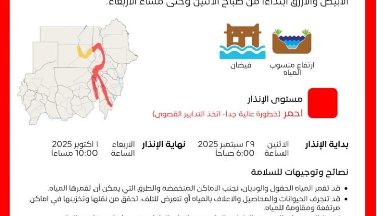 إنذار أحمر وفيضانات مرتقبة في “6” ولايات سودانية