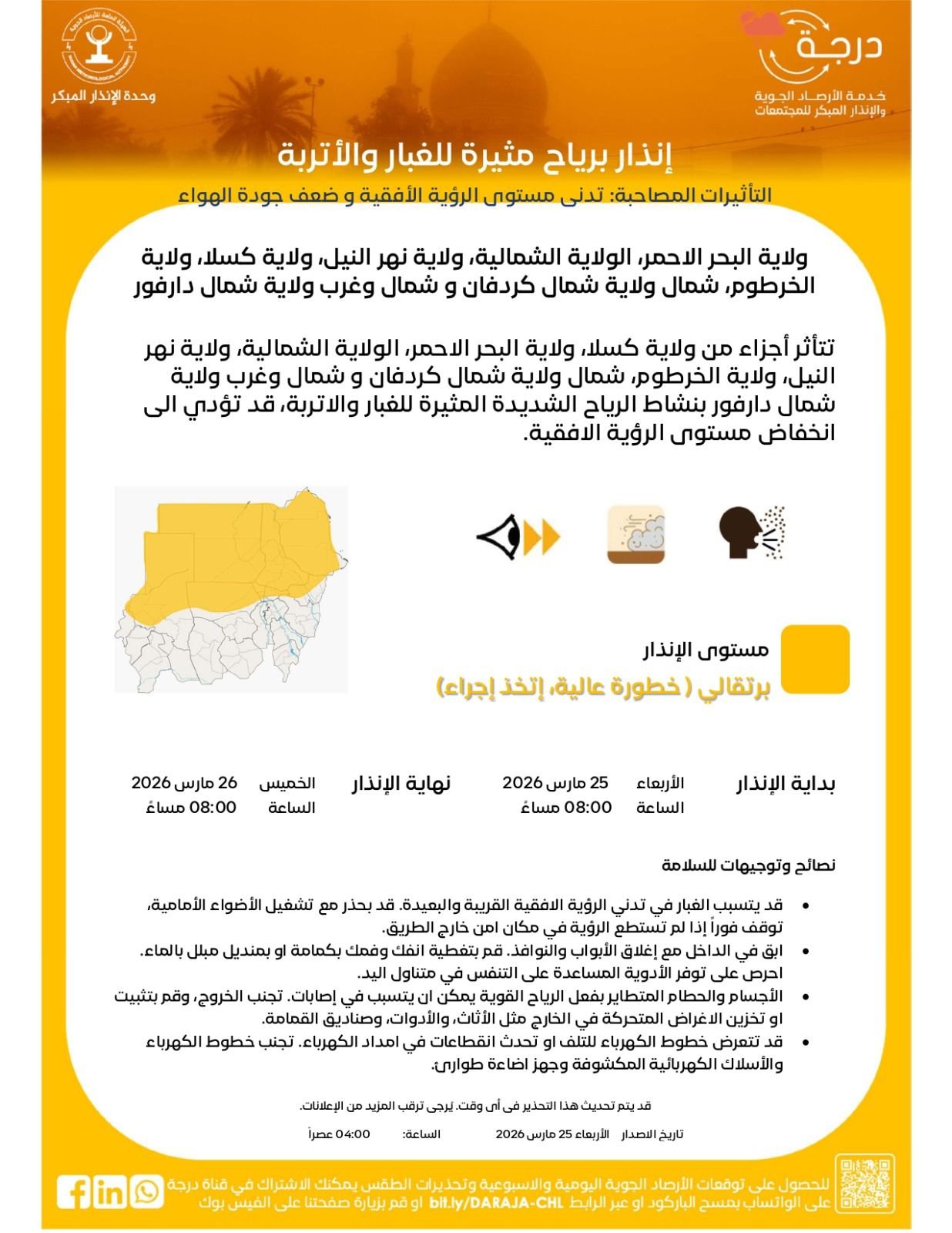 رياح خطرة تضرب ولايات السودان..والأرصاد الجوية تصدر إنذار برتقالي خطورة عالية وتنبيه بشأن الكهرباء