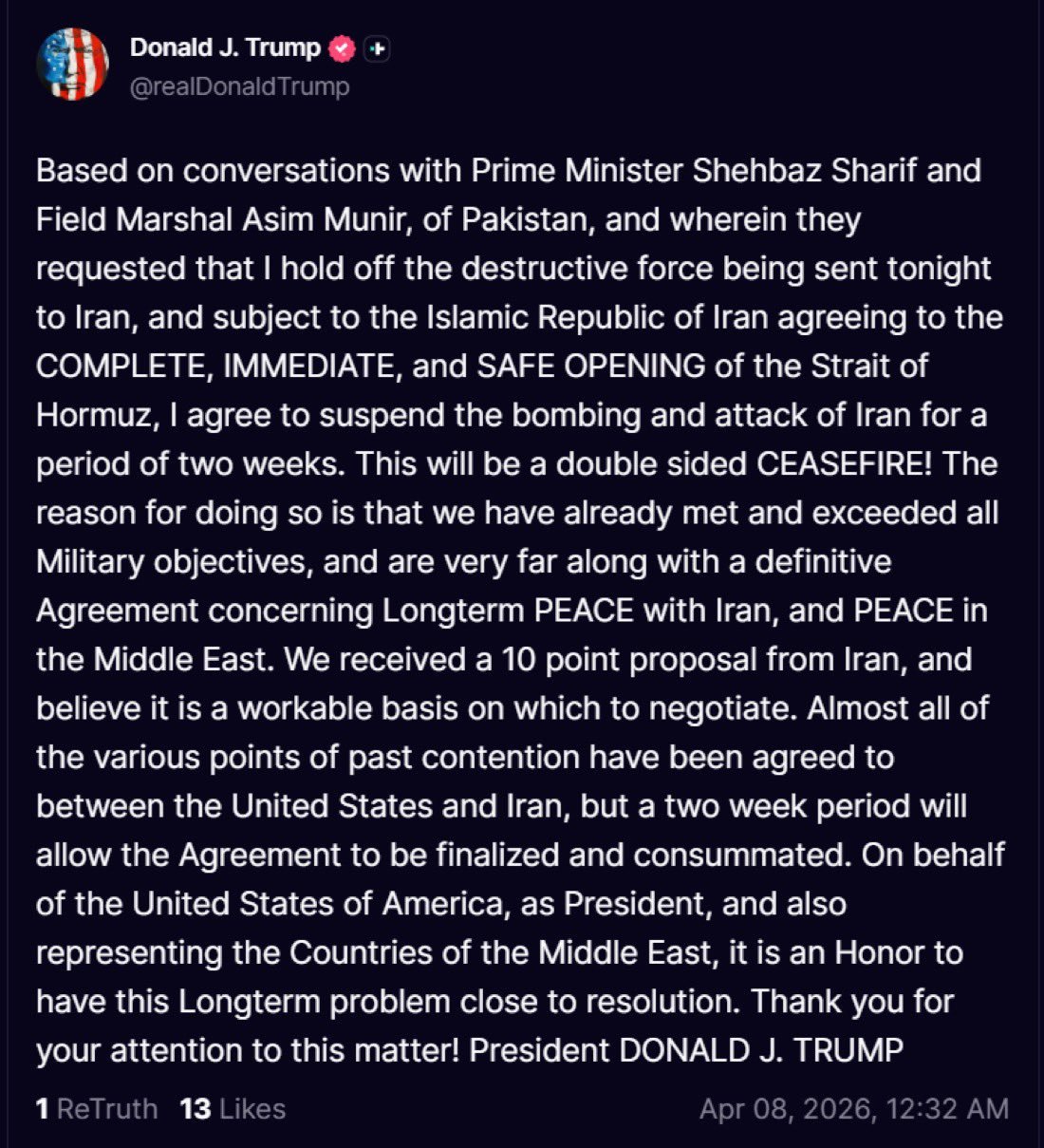 ترامب يوافق على تعليق قصف إيران لأسبوعين ووقف إطلاق النار من الجانبين